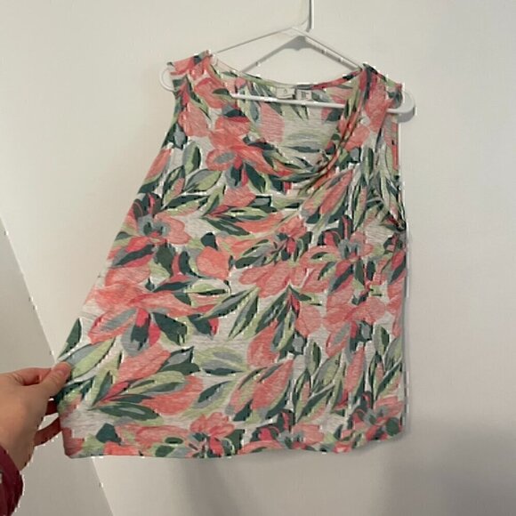 JOIE White Green Pink Tropical Floral Cowl Neck 100% Linen Sleeveless Blouse Top - Picture 6 of 12
